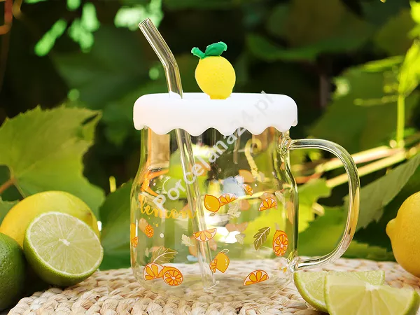 Kubek szklany z silikonową pokrywką i szklaną słomką 600 ml Altom Design - Cytryna 07.K.3516 Kubek szklany z silikonową pokrywką i szklaną słomką 600 ml Altom Design - Cytryna 07.K.3516
