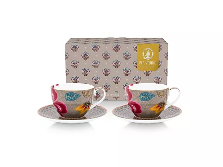 Komplet 2 filiżanek ze spodkiem 0,3 L Pip Studio - Blooming Tales Fantasy Khaki 51.BTFK.004.219